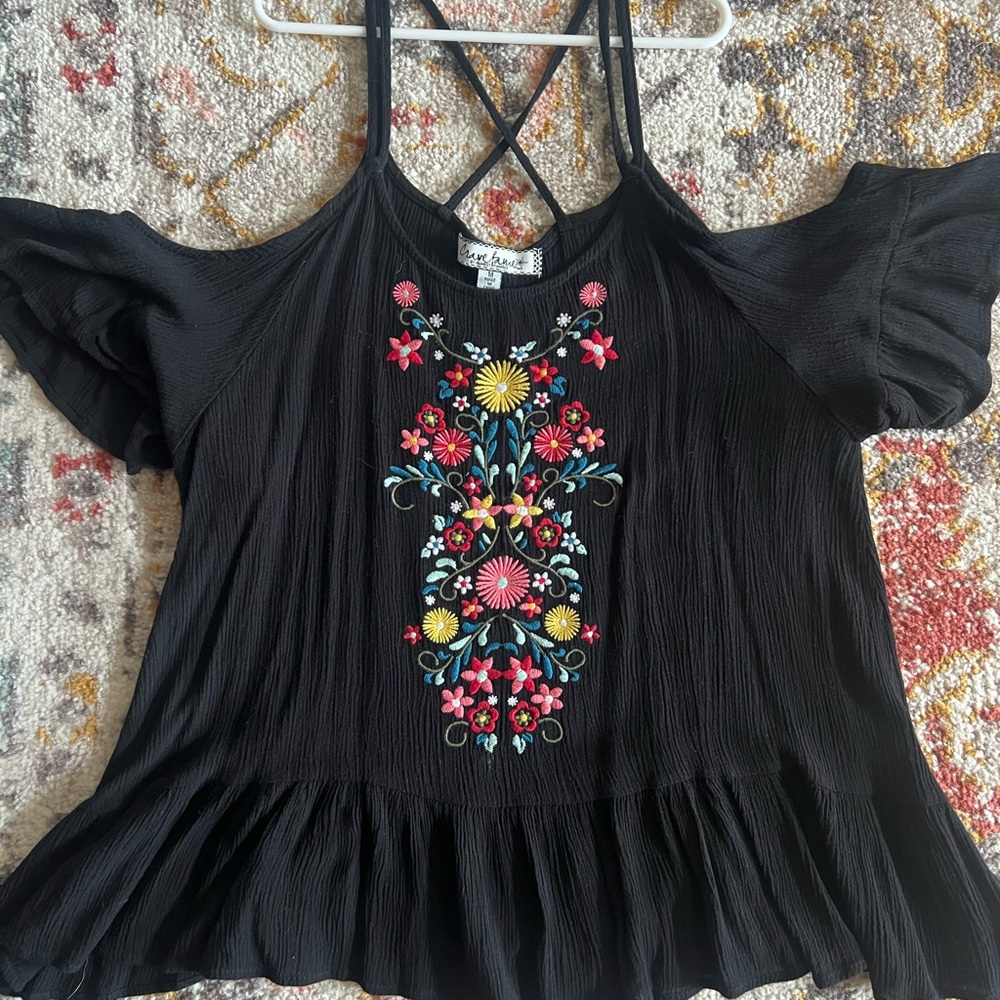 Almost Famous Black Cold-Shoulder Tunic Gauzy with Multicolor Floral Embroidery